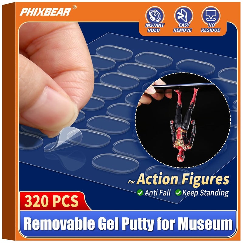 PHIXBEAR 320 Pcs Removable Gel Glue Putty for Museum Action Figures, Clear Earthquake Putty Adhesive Dots, Sticky Tack for Wall Hanging, 0.31x 0.51 Wax Mounting Tape - Image 1